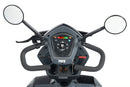 Close-up of a scooter's handlebar with mirrors and control panel on a white background