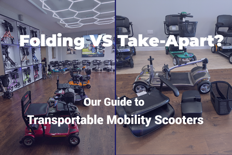 Caption reads: Folding Vs Take-Apart? Our guide to Transportable Mobility Scooters. Image behind shows two images. On the left folding scooters in our Plymouth Showroom, on the right a boot scooter dismantled for transport in our Launceston branch