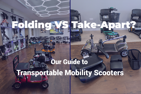 Caption reads: Folding Vs Take-Apart? Our guide to Transportable Mobility Scooters. Image behind shows two images. On the left folding scooters in our Plymouth Showroom, on the right a boot scooter dismantled for transport in our Launceston branch