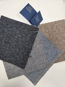 Textile swatches in grey and blue with R&R branding on a white background