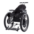 A black and silver Trekinetic GTE4 electric wheelchair with rugged tires, shown from a three-quarter rear angle on a solid white background.
