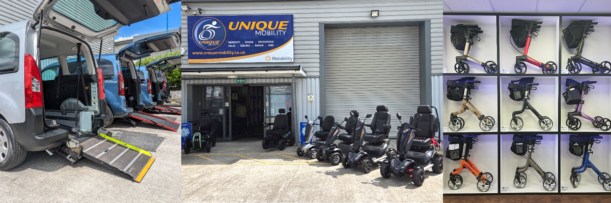 An image montage showing wheelchair accessible vehicles, mobility scooters and rollators at Unique Mobility Launceston