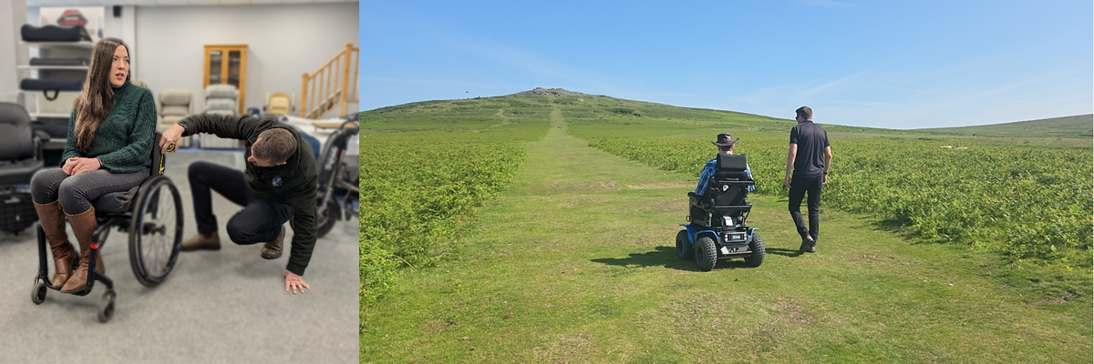 Two images. First image shows a wheelchair user during a wheelchair assessment. Second image shows a man walking with a powerchair user on Dartmoor.