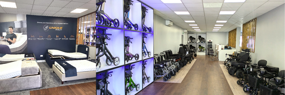 Adjustable beds and mobility aids in Unique Mobility's Launceston showroom