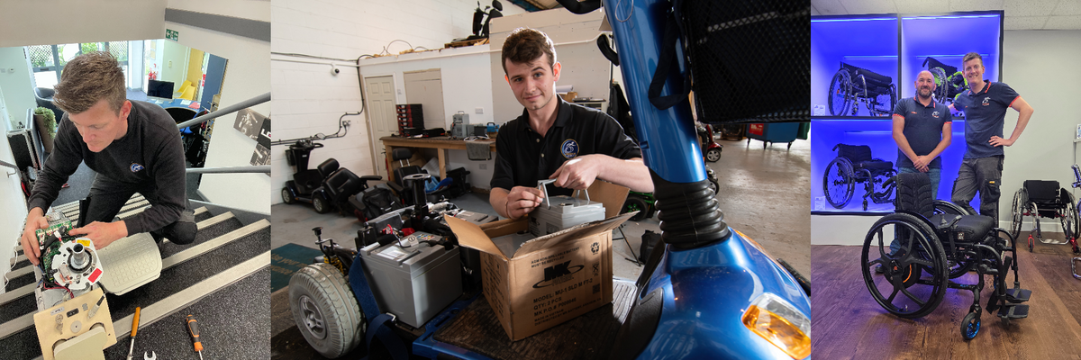 Our engineers Lee and Kian shown in different images working on a stairlift and a mobility scooter.