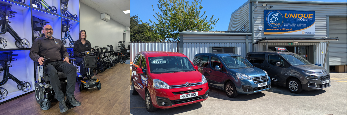 Mike and Kirsty from our Launceston Showroom. An image outside the showroom with our wheelchair accessible vehicles parked outside