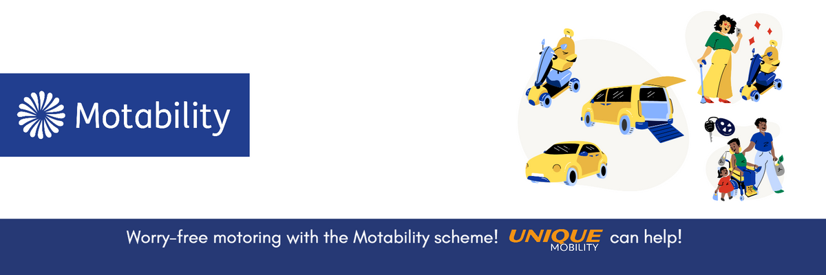 Motability Scheme Banner with Motability Logo and images depicting a car, powerchair and scooter