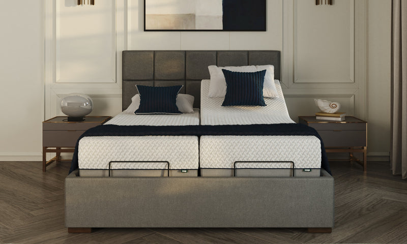 Opera Hagen Dual Adjustable bed. Athracite grey. End on. Dual Mattresses are shown in different positions.