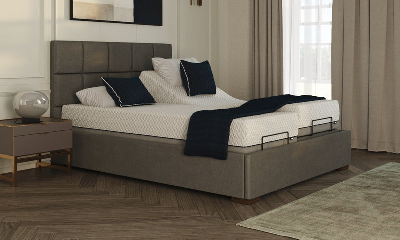 Opera Hagen Dual Mattress adjustable bed in Anthracite grey fabric with Emerald Headboard