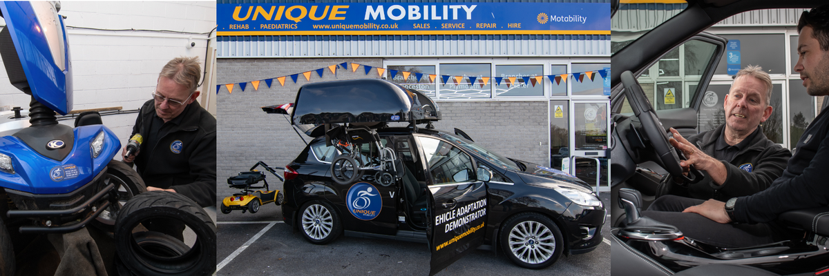 Collage of a mobility vehicle, a car with open trunk, and two people interacting with a car inside a building labeled 'Unique Mobility'.