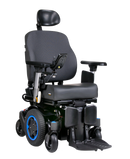 Q300M Mini Powerchair. Image shows Q300M Mini with Blue accents and blue patterned shrouds