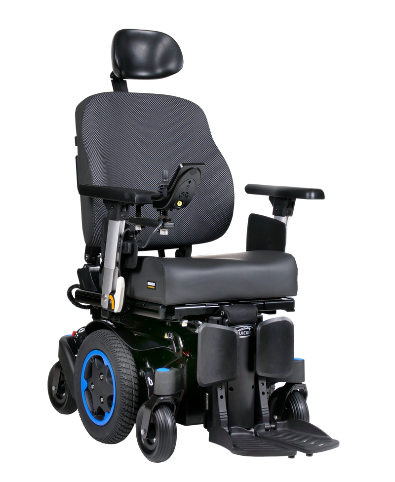 Q300M Mini Powerchair. Image shows Q300M Mini with Blue accents and blue patterned shrouds