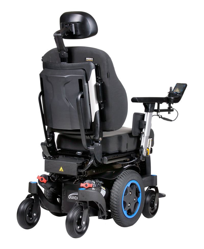 Q300M Mini Powerchair. Image shows Q300M Mini with Blue accents and blue patterned shrouds rear 3/4 view