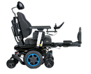 Q300M Mini Powerchair side view. Flip back armrests, elevated foot plate