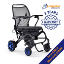 A black electric wheelchair Qucikie Q50R Carbon with blue wheels, shown on a white background with promotional text overlays including 'Unique Mobility', '3 Years Warranty', and 'Save £500! Now only £1999!'.