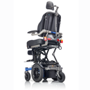 Power wheelchair with a headrest on a white background shown with powered lift function