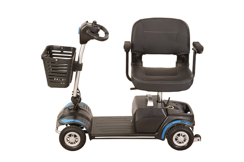 Vierra LiFe Lithium Travel Scooter Blue. Side View swivel seat