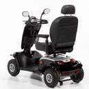 Black mobility scooter with a large seat on a white background
