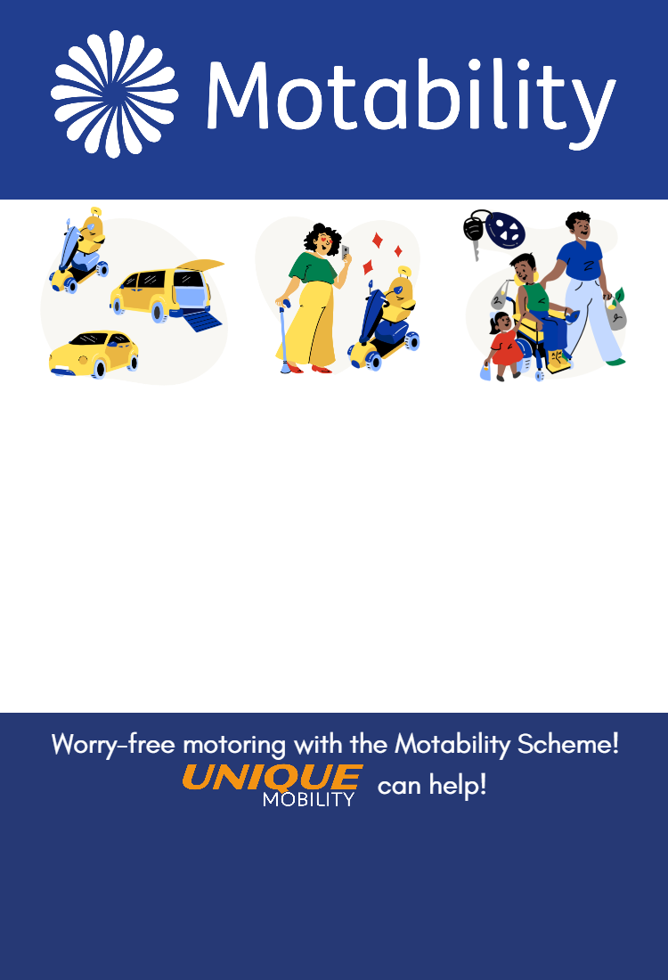 Motability Scheme Banner with Motability Logo and images depicting a car, powerchair and scooter