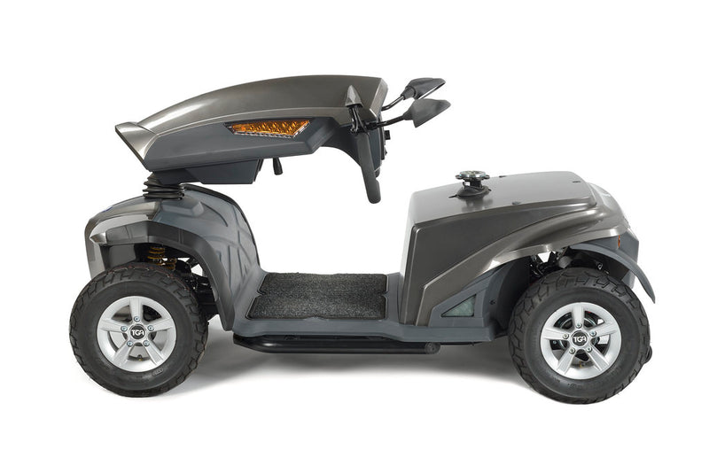 Warm Bronze Vita E mobility scooter with tiller folded and seat removed for transport on a white background